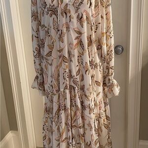 Dress Forum Cream and Pink Floral Long Sleeve Dress